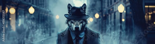 Amazing of a keystone predator wolf in detective attire solving mysteries in a foggy urban setting, with cyber styles, half body