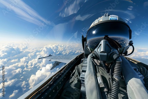 fighter jet pilot in cockpit soaring above the clouds photo