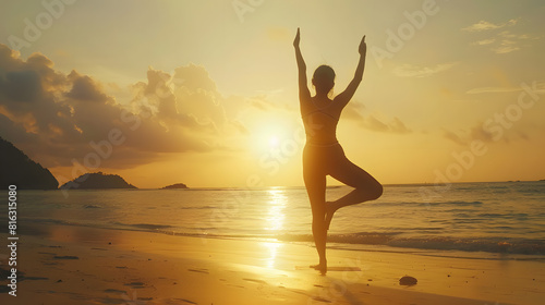 Silhouette of Asian woman improves balance for body mind and spirit with yoga practice at sunset on the beach Slow movements and deep breathing improves strength and flexibility mental : Generative AI