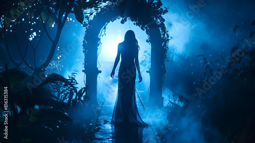 dark shadow silhouette fantasy woman walking in black night garden in fog glowing portal arch flowers art neon blue magic light Mystery lady Gothic luxury Girl princess shiny dress bac : Generative AI