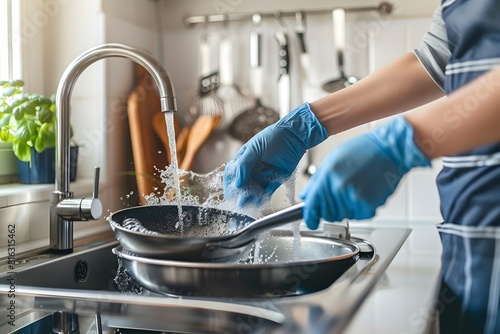 Restaurant kitchen water - Scrubbing away keeping the pans sparkling clean