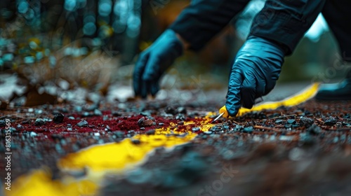 Criminal investigator with dark gloves positioned a yellow marker indicating the evidence count by a bloodstained blade on the ground