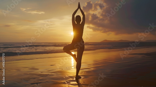 Silhouette of Asian woman improves balance for body mind and spirit with yoga practice at sunset on the beach Slow movements and deep breathing improves strength and flexibility mental : Generative AI