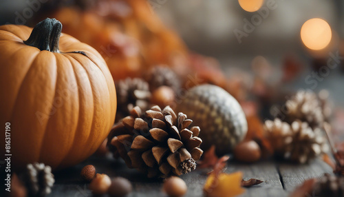 Autumn Pumpkin and Pine Cones on Wooden Surface