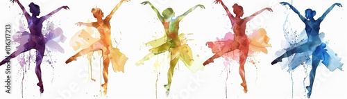 Set of watercolors showing a progression of different ballet dancers in midperformance, Clipart isolated on white