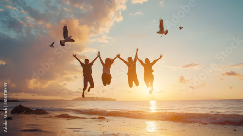 Silhouette friends jumping and holding number 2024 on sunset sky with birds flying abstract background at tropical beach Happy new year and holiday celebration concept Vintage tone col : Generative AI