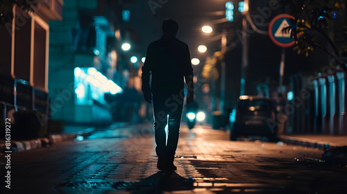 dark silhouette of slim man walking on the street at night being alone lighted street thief sneaking in the streetnight crime : Generative AI