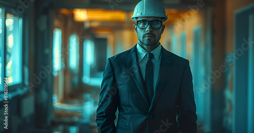 Serious construction manager in a suit and hard hat. Generated by AI