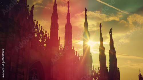 Milan Cathedral a majestic silhouette dawns vibrant backdrop : Generative AI
