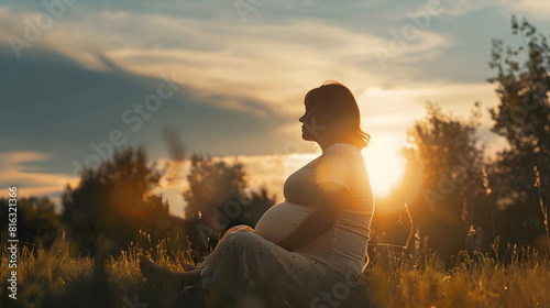 A pregnant woman sitting outdoor during sunset beautiful outdoor Maternity : Generative AI