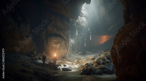 A team of explorers navigating through a labyrinthine cave system, beams of sunlight piercing through narrow openings, illuminating the ancient rock formations and revealing hidden passageways, evokin