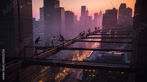 Urban rooftop parkour runners leaping across skyscrapers at sunset, the city skyline stretching out behind them, neon lights reflecting off the glass facades, adrenaline-fueled excitement palpable in 