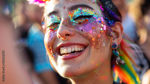 Close-up of a person with rainbow glitter makeup smiling at a concert