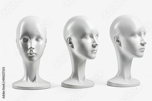 white faceless mannequin heads isolated on blank background side view 3d rendering