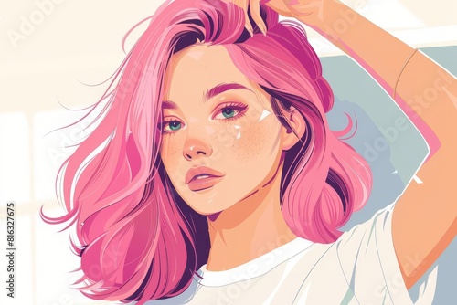 young woman with pink hair at beauty salon closeup of hairstyling process highquality illustration