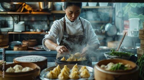 A traditional Chinese kitchen scene with a chef skillfully preparing Lian Rong Bao, surrounded by bamboo steamers and fresh ingredients, Close up