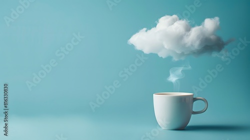 Cloud floating above white ceramic cup of aromatic drink representing concept of thoughts during coffee break on blue background