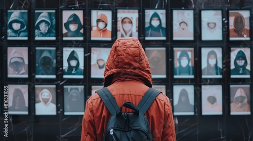 person wearing a red hoodie and black backpack looking at a video wall of people wearing masks.