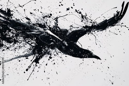 Stylized Black Crow in Flight Surrounded by Abstract Splatter Paint