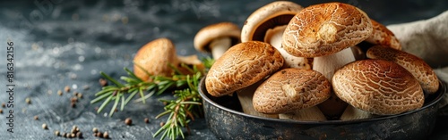 Forest Mushroom Delight: Boletus Edulis, Rosemary Herbs, and More on Metal Bowl for Food Photography Background