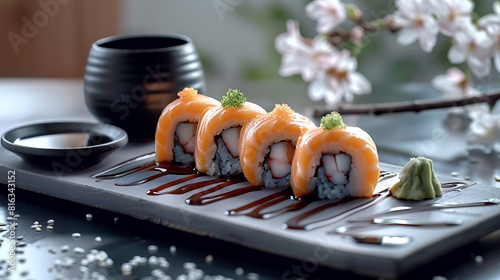 Sushi platter with soy sauce and wasabi, fresh foods in minimal style