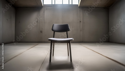 One chair in a concrete room, solitude, inability to leave, small, plain, inorganic, design