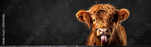 Hilarious Scottish Highland Cow Sticking Tongue Out on Black Background - Funny Animal Background