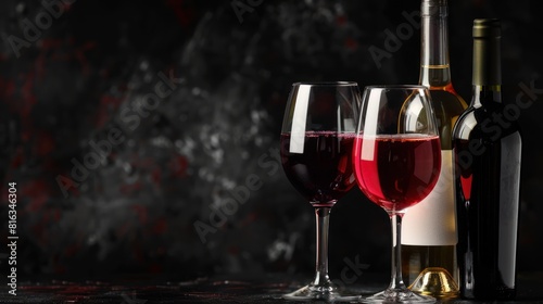 Wine Glasses and Bottles with Red and White Wine on Black Background
