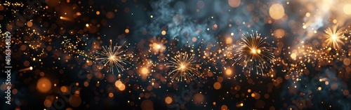 Festive New Year Panorama with Golden Fireworks on Black Night Background - Greeting Card or Banner