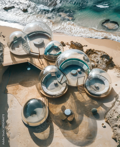 aerial photography soapbubble inspired architecture cluster with modern minimal furniture inside, beach context