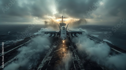 A high-octane image of a fighter jet taking off from an aircraft carrier