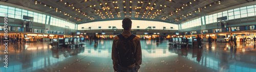 Turista feliz dentro de un aeropuerto, decidiendo a donde viajar utilizando ofertas asequibles en vacaciones