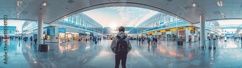 Turista feliz dentro de un aeropuerto, decidiendo a donde viajar utilizando ofertas asequibles en vacaciones