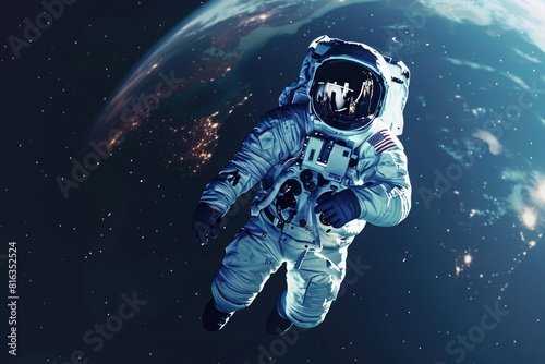 An astronaut floating in space over the earth, the astronaut with a spacesuit on his back is flying above planet Earth