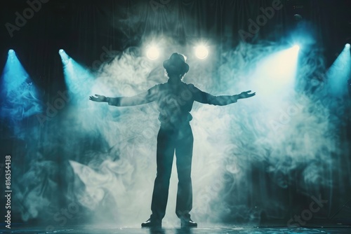 Back view of a young magician man doing a magic trick on stage, in silhouette, with spotlights and foggy lighting creating a dramatic effect.