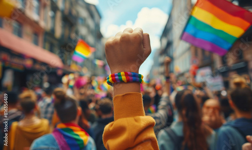 People's raised fist with rainbow flag during pride parade