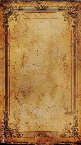An old paper frame with an ornate design, showcasing faded colors and intricate patterns, copy space