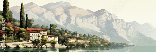 A picturesque lakeside village in the mountains, surrounded by greenery with a tranquil blue lake reflecting snow-capped peaks. Perfect for relaxation and rejuvenation. Panoramic Composition
