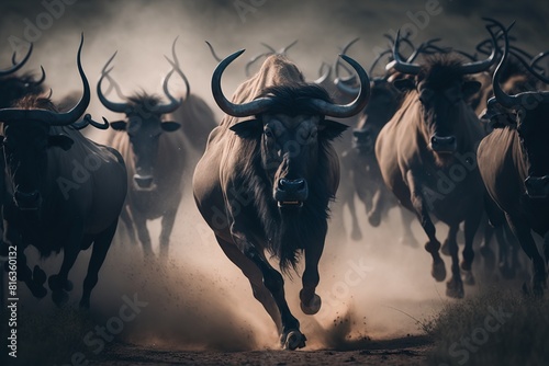 A herd of wildebeest runs wild while being chased by a pride of hungry lions