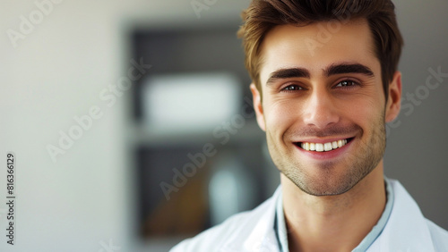 Smiling white male doctor, copy space