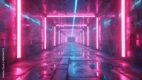 3d animation neon tunnel with rotating square frames