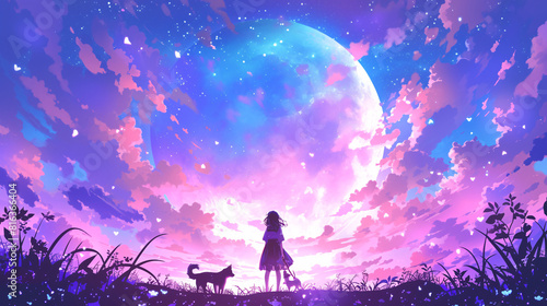 a girl and her dog under the moonscape