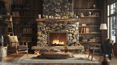 Stone fireplace flat design front view cozy theme 3D render Tetradic color scheme