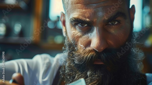 Barbershop Close up of a rugged bearded man with a straight razor a stylish barber with a sharp blade for shaving an attractive man holding a classic straight razor and tools found in a barb