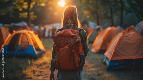 Girl walking between tents at a party night stay, Generative AI