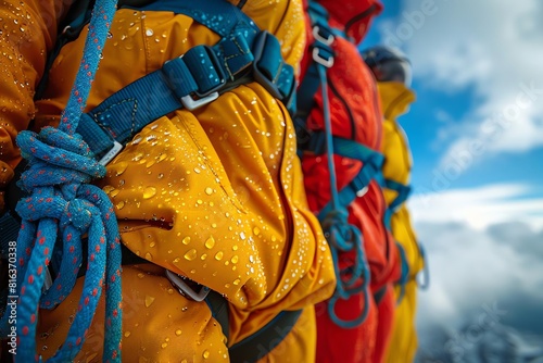 Mountaineering equipment. Safety harness and rope for climbing.