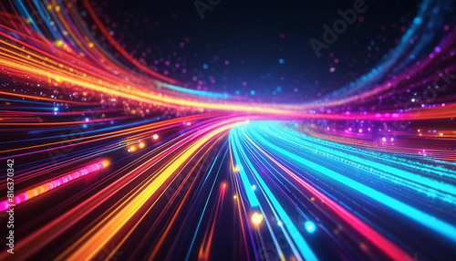 Abstract tech background of high speed optic fiber data transfer, ultra fast broadband, digital network connection, electronic motion, cyber turn
