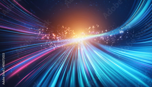 Abstract tech background of high speed optic fiber data transfer, ultra fast broadband, digital network connection, electronic motion, cyber turn