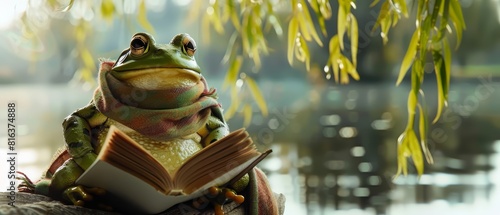 A cute charismatic closeup of a frog in a poets attire, reciting verses at a riverside with HUD hologram under a willow tree with a sharpen banner with copy space