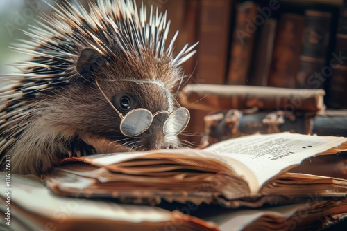 Amazing closeup charismatic of a porcupine in librarian glasses